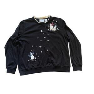 Alfred Dunner Petite Large Black Snowman Sweatshirt Sequin snowflakes